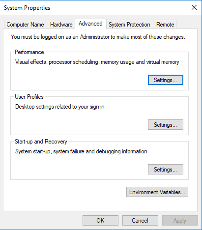 Windows Advanced Settings Page