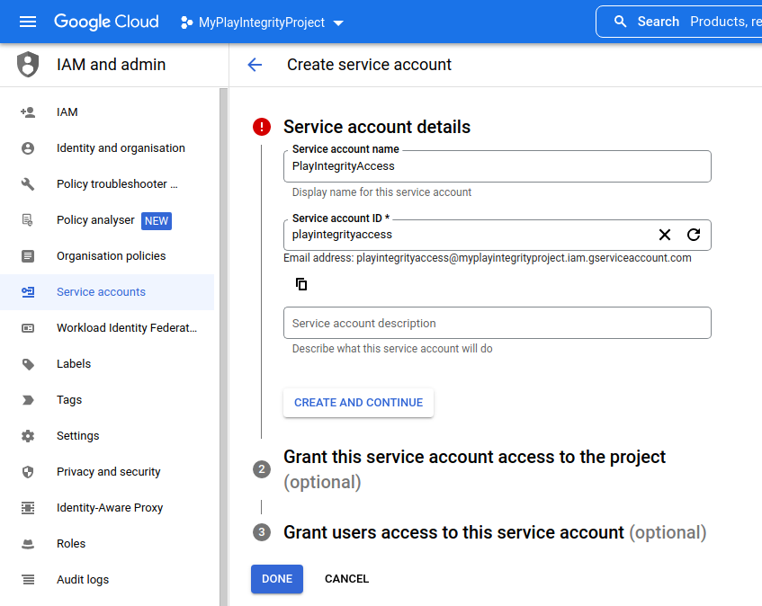 Create Service Account Step 2
